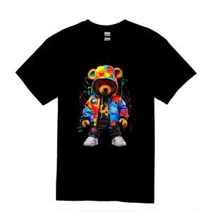 Black T-Shirt with Colorful Bear Graphic